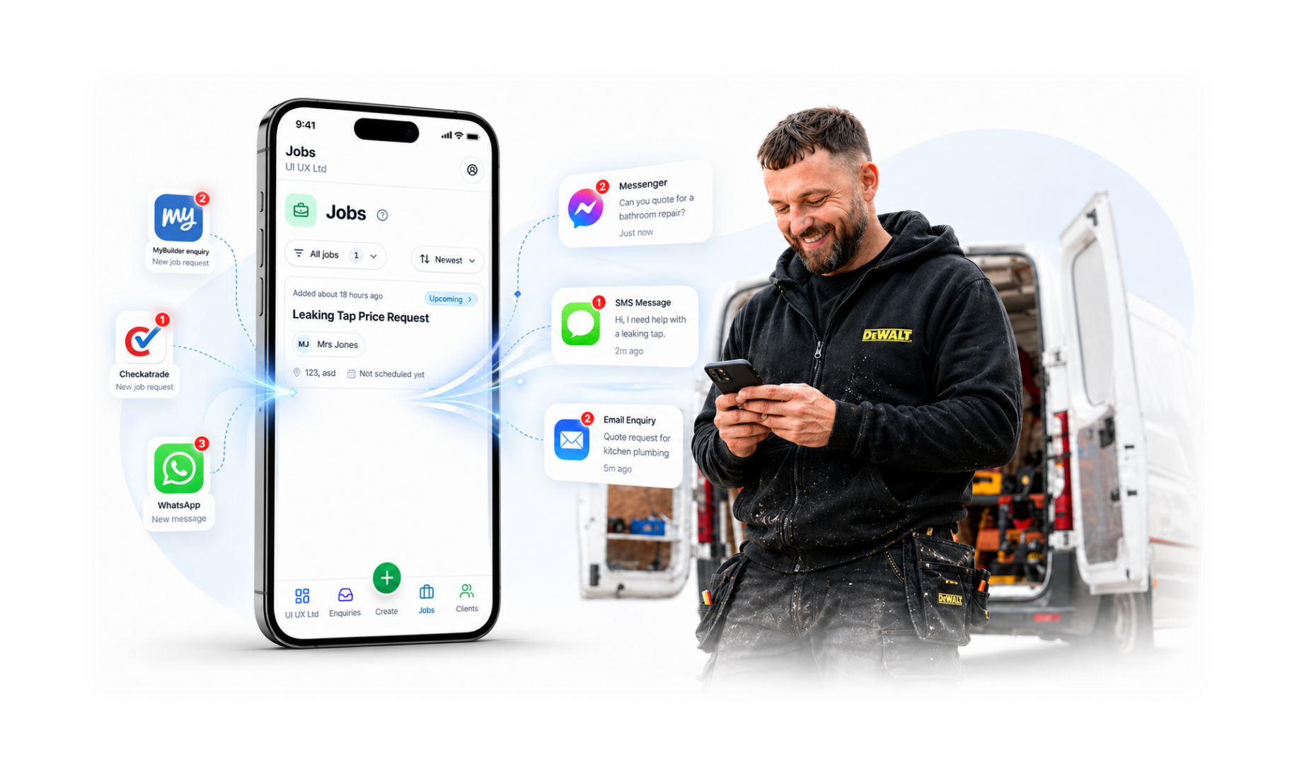 Jobs and messages from MyBuilder, Checkatrade, WhatsApp, Messenger, SMS and email brought together in the TradeyHQ app