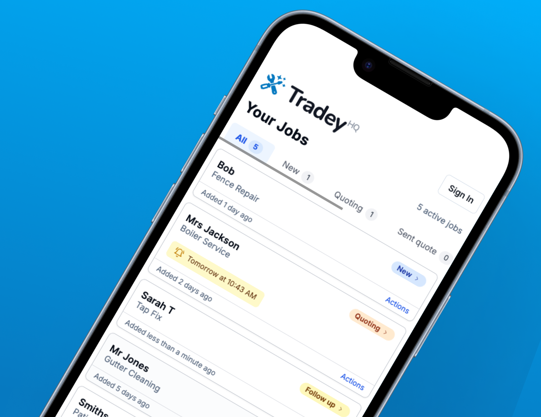 Tradesperson quickly entering job details on mobile while at a job site