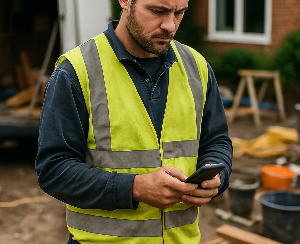 Tradesperson logging a job on their phone
